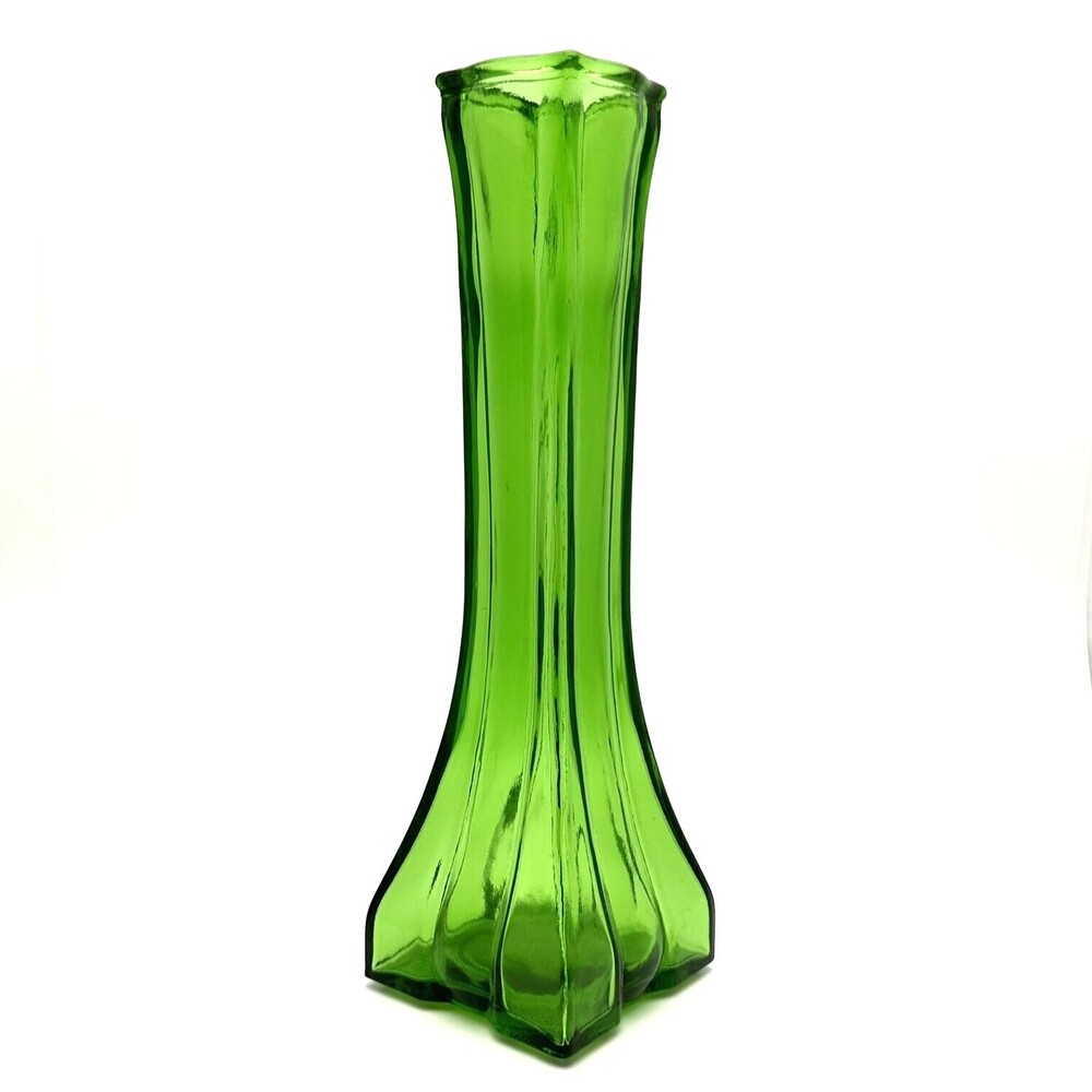 Vintage Green Europa Bud Vase 8.5" Ribbed Square Signed PGC-90 EUROPA 6